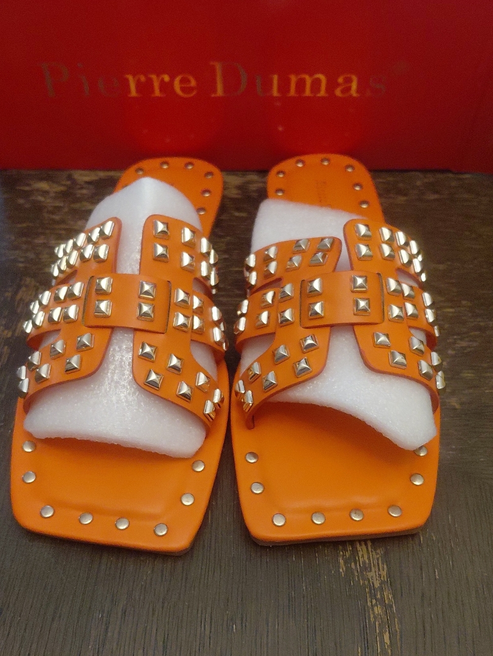 Pierre Dumas Orange Studded Double-Strap Slide Sandals